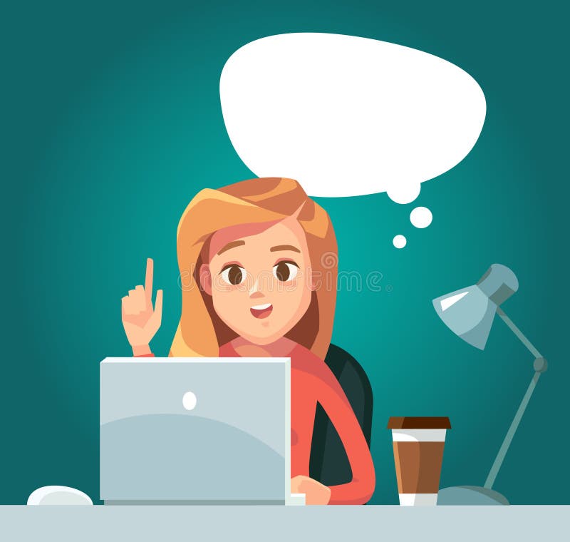 Girl woman freelancer with idea bubble working telecommuting with laptop siting at workplace teleworking vector illustration