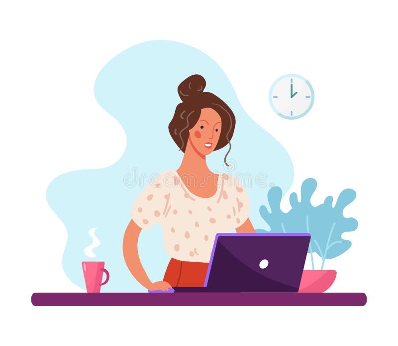 Girl or woman works, study at the computer. Concept illustration about home office, remote work, distance education