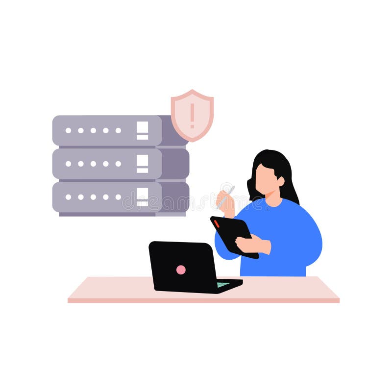 A girl is working on a database server vector illustration
