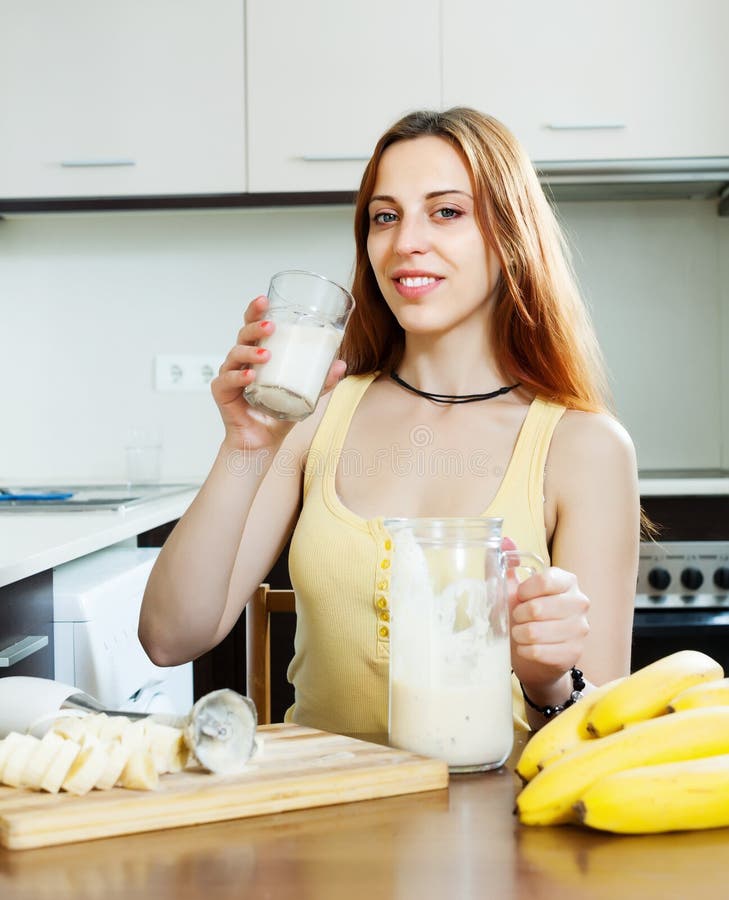 Girl In Yellow Drinking Milk Shake With Bananas Royalty Free Stock Image Image 35534856