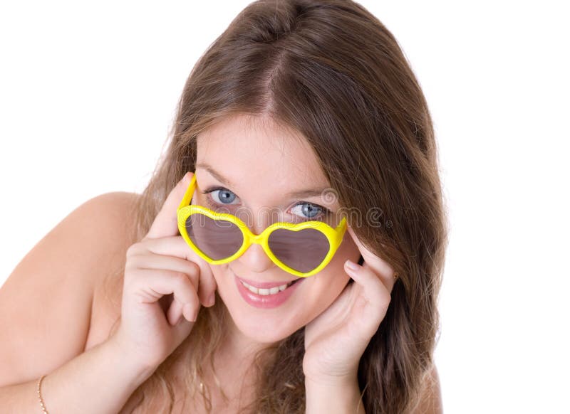 Girl in yellow glasses stock image. Image of white, elegance 12205059