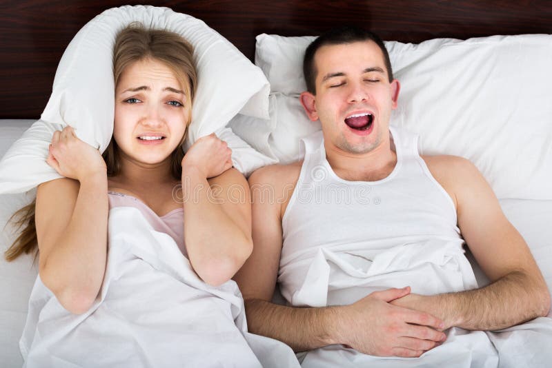 Girlfriend Cannot Stand Guy Snoring Loudly in Sleep Stock Photo Image