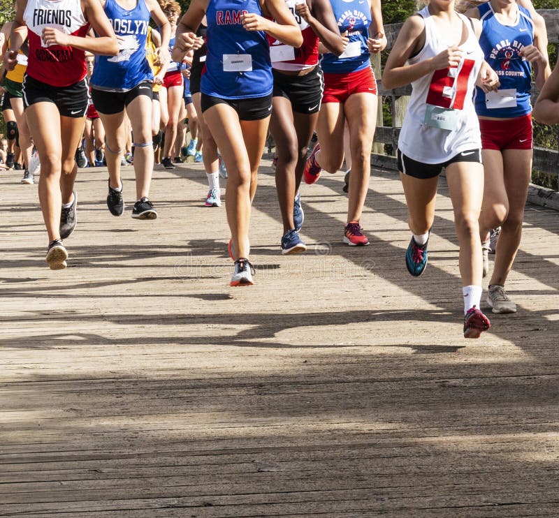 Girls Cross Country Race On The Bridge At Sunken Meadow Editorial