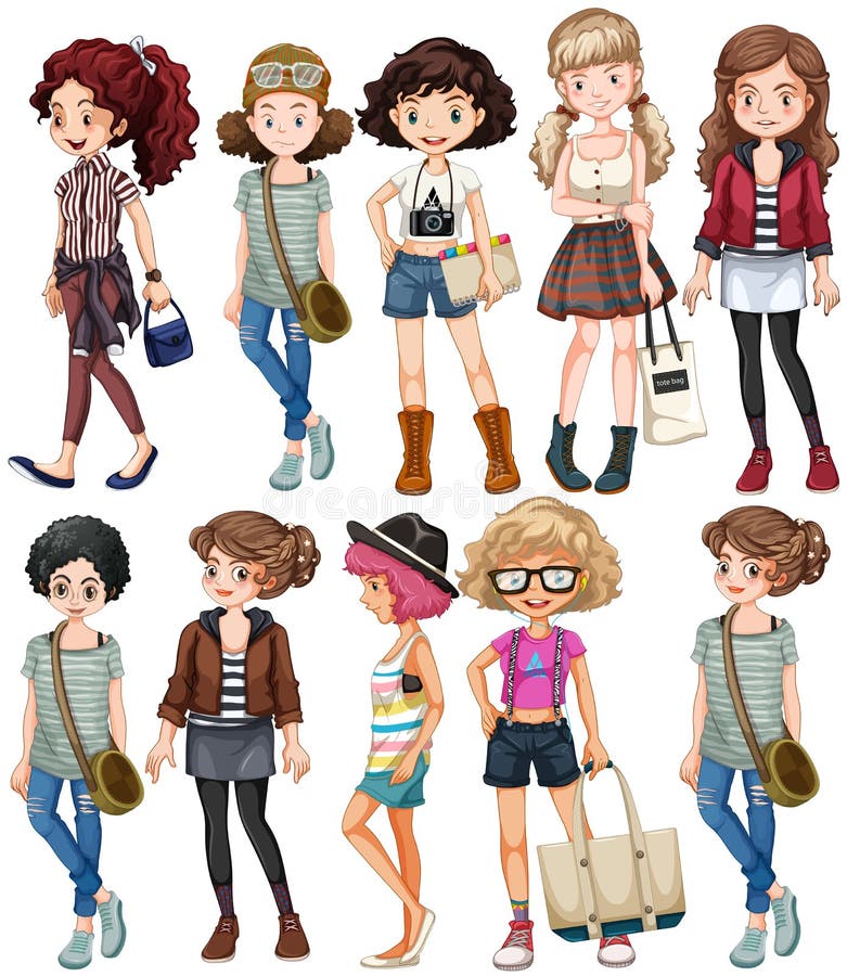 Girls in different clothings illustration