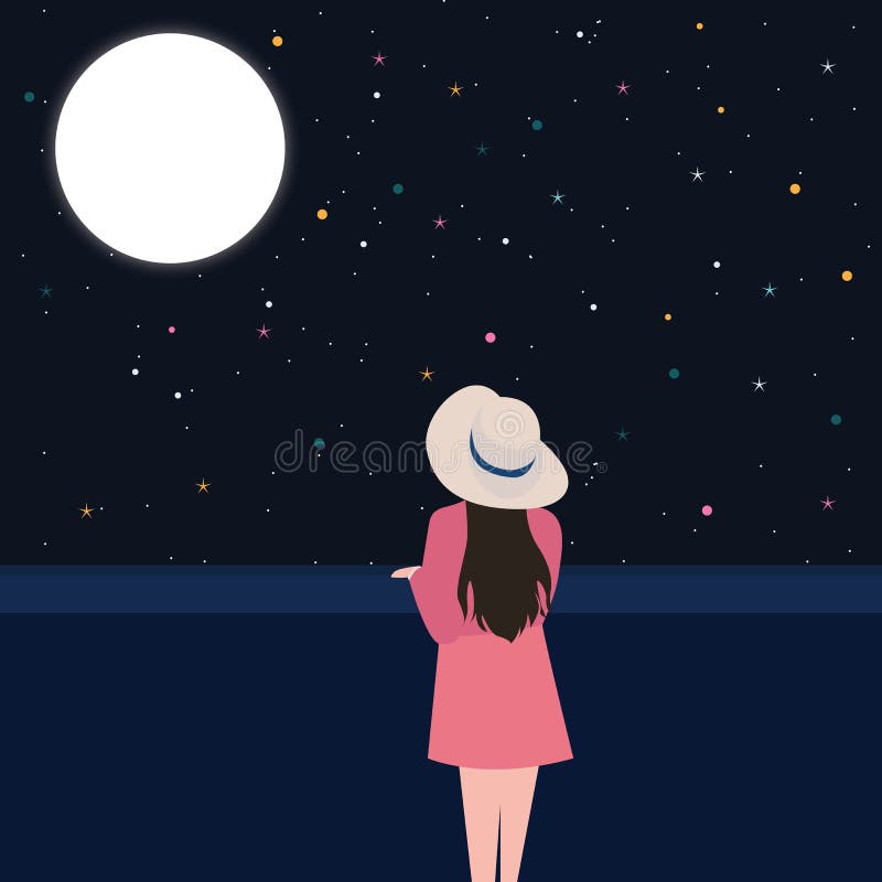 Girls looking starring at the night sky alone contemplation thinking alone vector