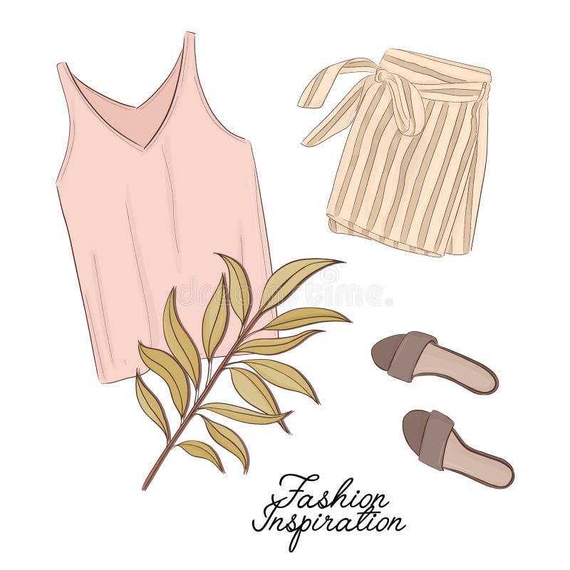 Girls outlook: shorts, shoes and top in pastel colors, decorated with palm leave. Trendy fashion illustration. Magazine article fl stock illustration Girls outlook: shorts, shoes and top in pastel colors, decorated with palm leave. Trendy fashion illustration. Magazine article fl stock illustration