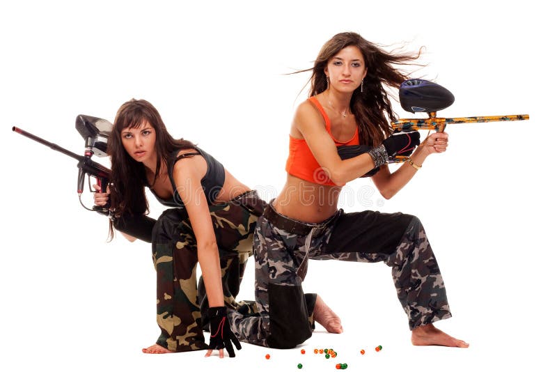 Girls playing paintball