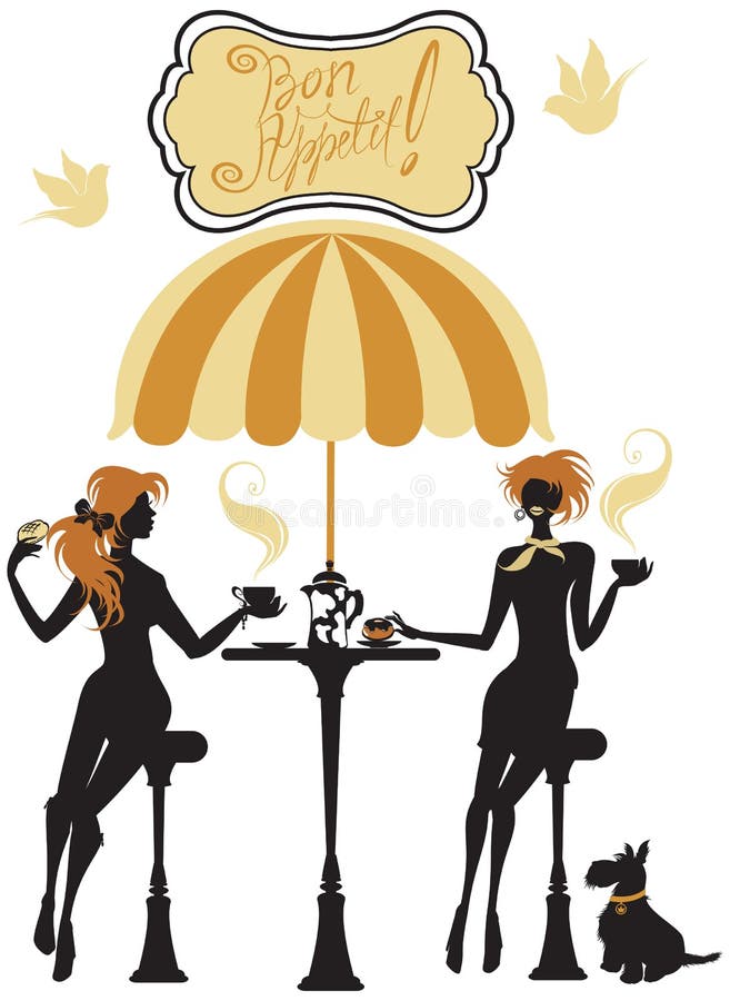 Girls silhouettes, Illustration of two young women drinking coffee and chatting on Paris street cafe. Elements for restaurant, ba royalty free illustration Girls silhouettes, Illustration of two young women drinking coffee and chatting on Paris street cafe. Elements for restaurant, ba royalty free illustration