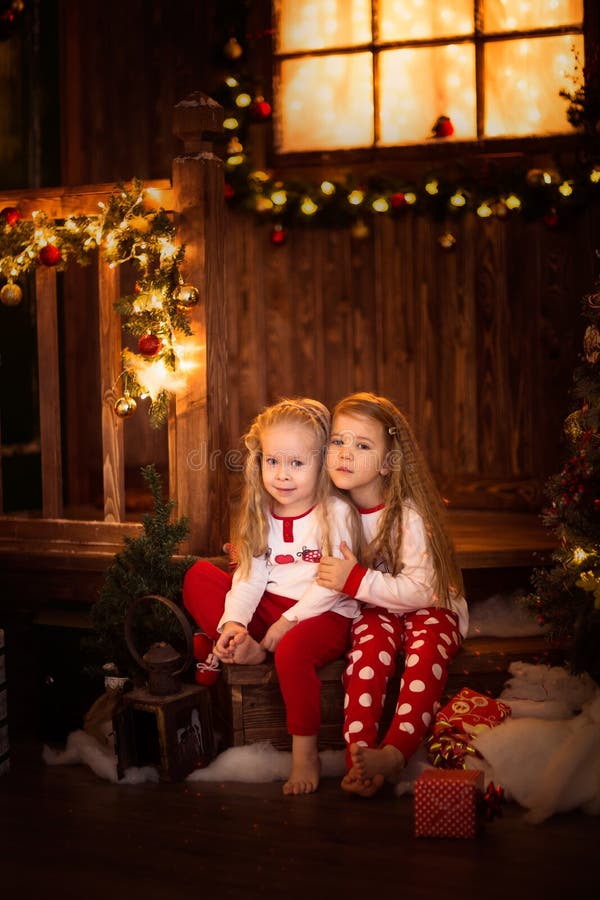 Girls Sister Friends Hugging Sitting at Christmas Tree, Concept Stock ...