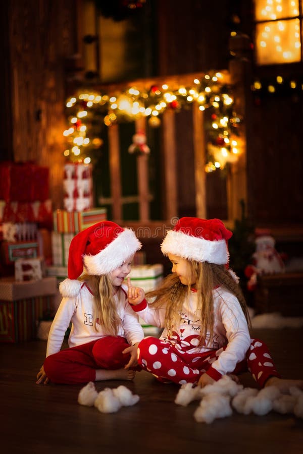 Girls Sister Friends Hugging Sitting at Christmas Tree, Concept Stock ...