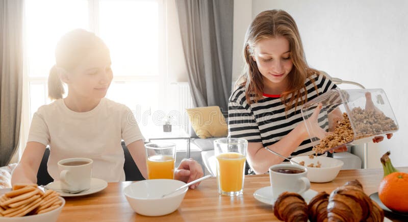 Girls Sisters Eat Tasty Breakfast Tpgether Stock Image - Image of ...