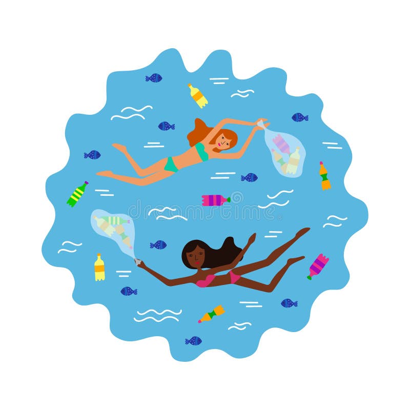 Girls with Swim and Collect Garbage Stock Vector - Illustration of girl ...