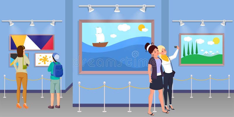 Girls Visiting Museum Vector Illustration. Young Women Taking Selfie in Art  Gallery Cartoon Characters. Mother and Child Stock Vector - Illustration of  painting, abstract: 170025121