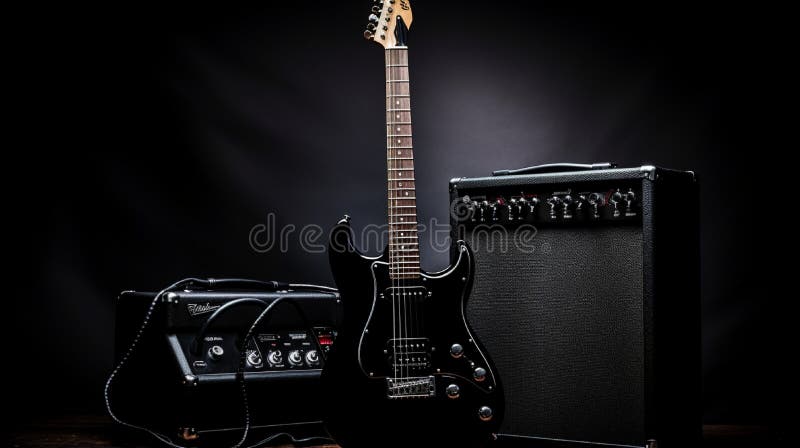 Gitara elektryczna ze wzmacniaczem generowanym przez narzędzie ai. Gitara elektryczna z wzmacniaczem ustawionym na eleganckim czarnym tle epitomizującym estetykę rocka i rolek. generowane przez narzędzie ai.