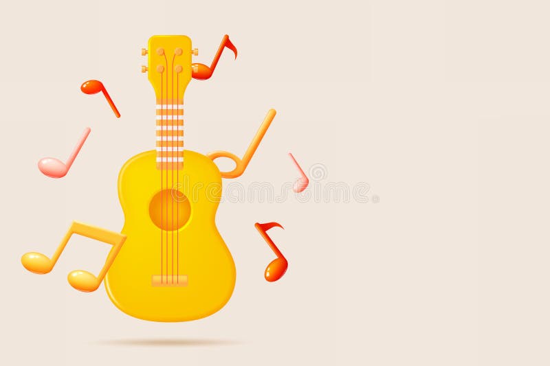 Gitara lub ukulele z muzyczną melodią nut lub melodią 3d realistyczny wektor. Gitara lub ukulele z melodią nut lub ikoną wektora melodia 3d dla aplikacji muzycznych i stron internetowych ilustracja wektora tła