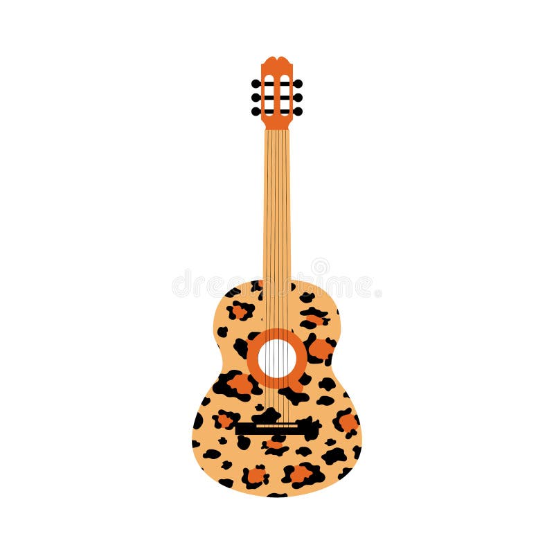 Gitara plamista na białym tle. instrument strunowy z modnym drukiem lamparta. wektor.