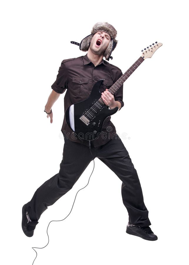Gitarrenspieler, der in mitten in der Luft springt stockfotografie Gitarrenspieler, der in mitten in der Luft springt stockfotografie
