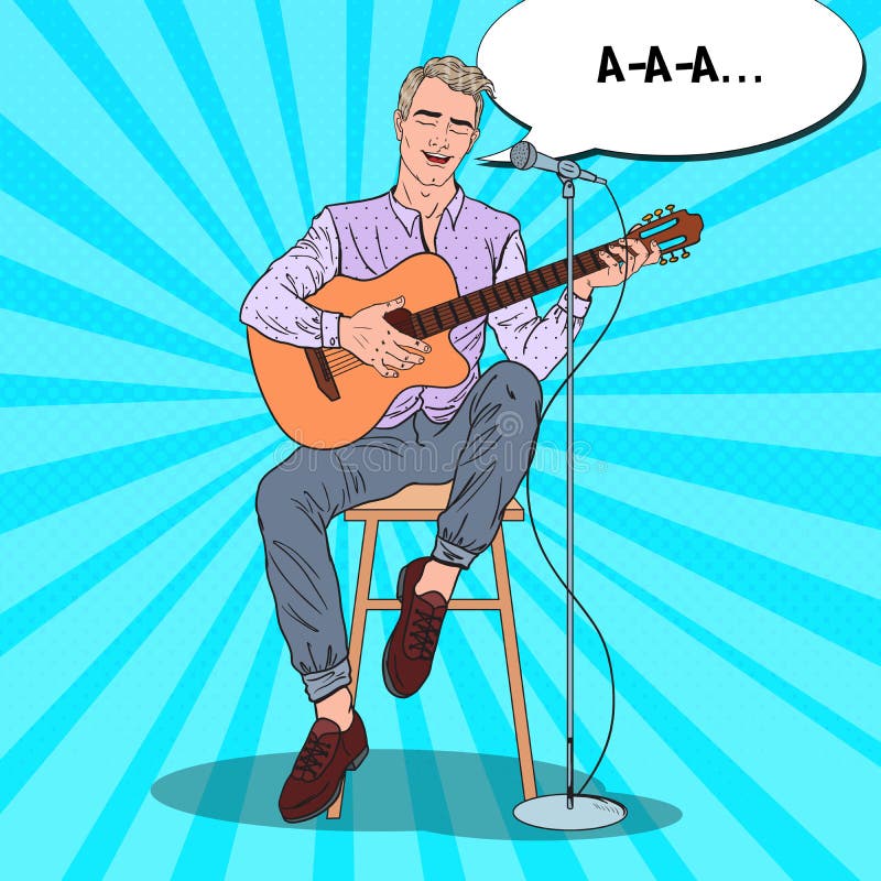 Gitarrist-Gesang-Lied im Mikrofon Akustisches Konzert Pop-Arten-Illustration stock abbildung Gitarrist-Gesang-Lied im Mikrofon Akustisches Konzert Pop-Arten-Illustration stock abbildung