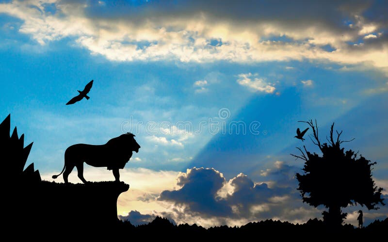Giungla con le montagne, il vecchio albero, il leone degli uccelli e il meerkat sul tramonto nuvoloso blu immagini stock libere da diritti Giungla con le montagne, il vecchio albero, il leone degli uccelli e il meerkat sul tramonto nuvoloso blu immagini stock libere da diritti