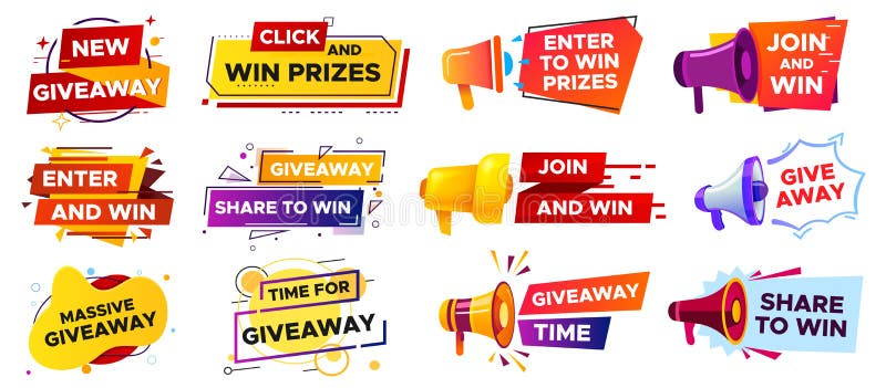 Giveaway banner with megaphone. Loudspeaker announcement of competition. Winning prizes and gifts in contest