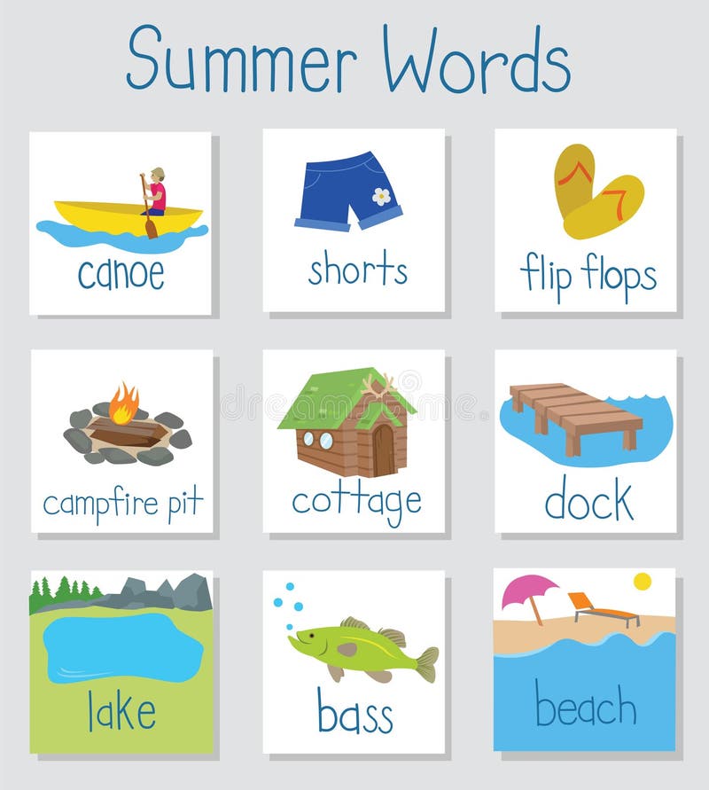Summer words with illustrations on a cue card royalty free illustration