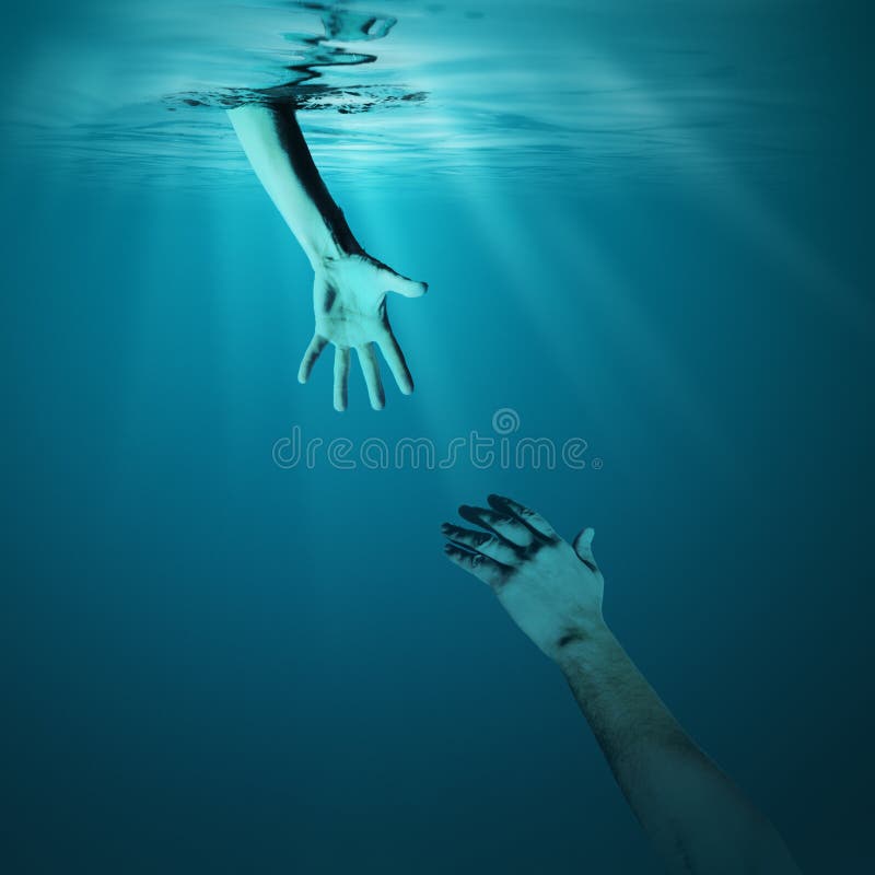 Giving helping hand to drowning man concept