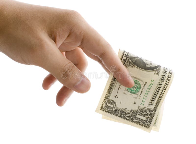 Giving one dollar banknote on the white background.