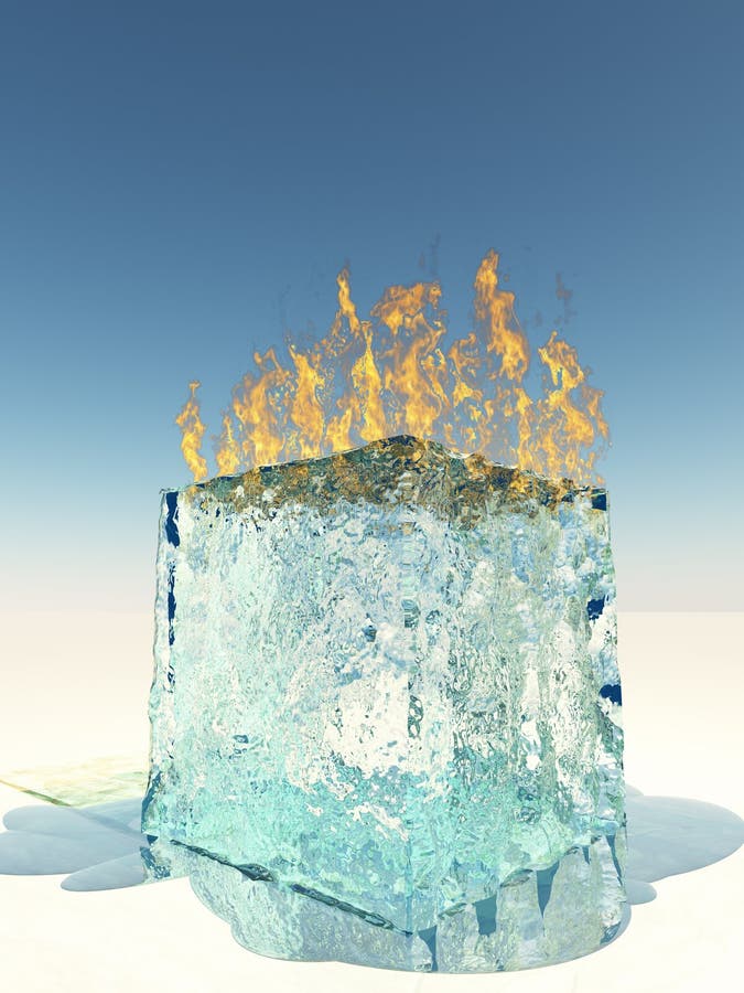 Burning Ice Cube on white surface. Burning Ice Cube on white surface