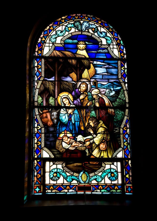 Stained glass-Nativity in window. Stained glass-Nativity in window