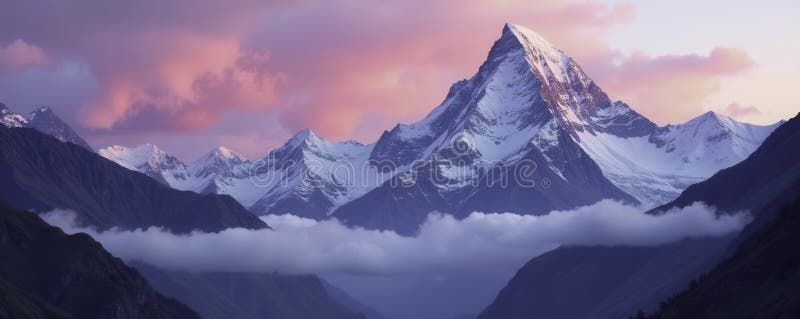 Glacier innesluter Bernina Massif awakens för att rosa ljus från gryningsmolnen stock illustrationer
