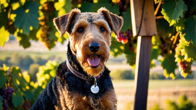 En glad Airedale Terrier njuter av solljuset bland vinrankorna i en frodig vingård vektor illustrationer