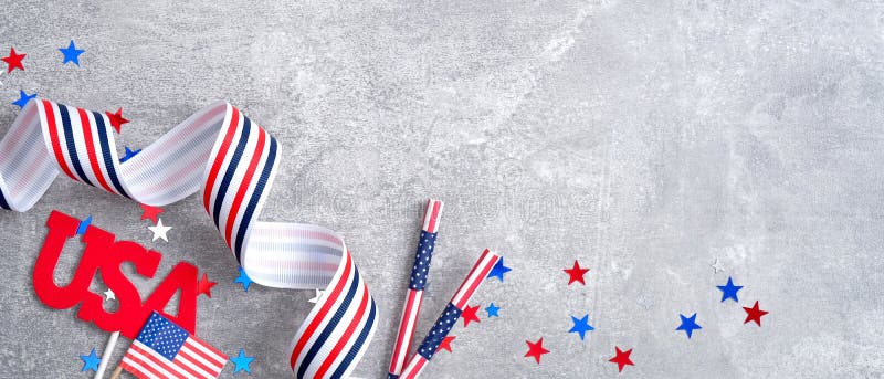 Happy Presidents day sale banner mockup. American flag, sign USA, grosgrain ribbon, confetti stars, drinking straws on stone. USA Memorial day, Veterans day, Labor day or 4th of July concept. Happy Presidents day sale banner mockup. American flag, sign USA, grosgrain ribbon, confetti stars, drinking straws on stone. USA Memorial day, Veterans day, Labor day or 4th of July concept
