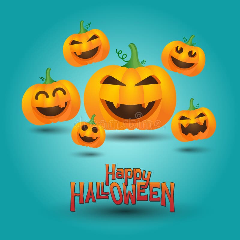 Glad Halloween Cute-pumpa på turkosljusbakgrund stock illustrationer