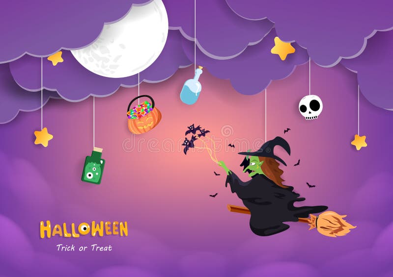 Glad Halloween, häxan är på himmelns grumliga, söta hälsningskort, papper i hängstil, inbjudningsaffischbakgrund royaltyfri illustrationer