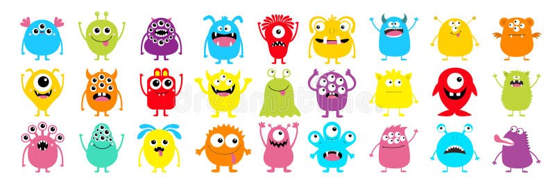 Glad halloween. monsterfärgad silhouette superstor ikonuppsättning. Söt kawaii-tecknade läskigt rolig babykaraktär. ögontunga stock illustrationer
