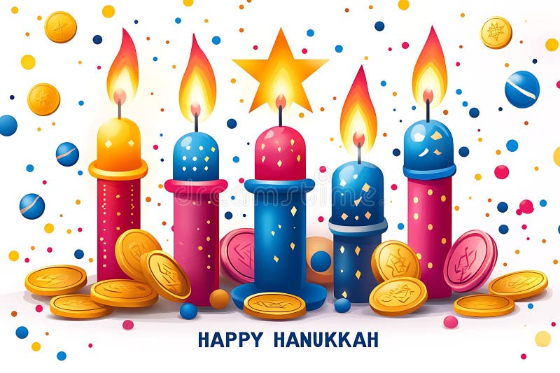 Glad hanukah, färglösa ljus och mynt royaltyfri illustrationer