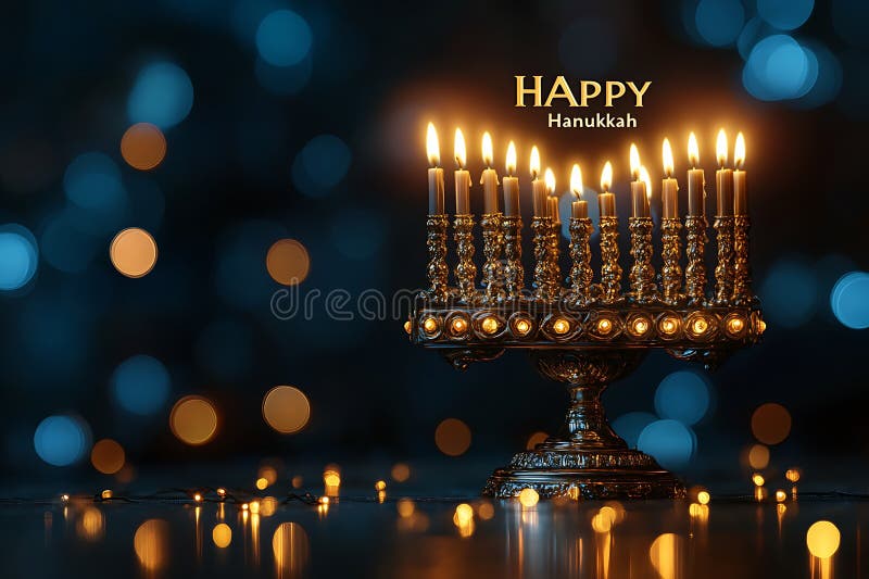 Glad Hanukkah Elegant Menorah med Lit Candles Festive Bokeh Background. En noggrant utarbetad menorah med en ornerad gyllene yta står stolt över sina nio ljus som tänds på ett lysande sätt och symboliserar ljusfestival. Den varma ljusglöden kontrasterar vackert mot bakgrund av mjuka outoffocus blå och bärnstensfärgade ljus som skapar en seren och berömmande atmosfär. En sträng med mejeriljus reflekterar mjukt på ytan nedan som tillägg till