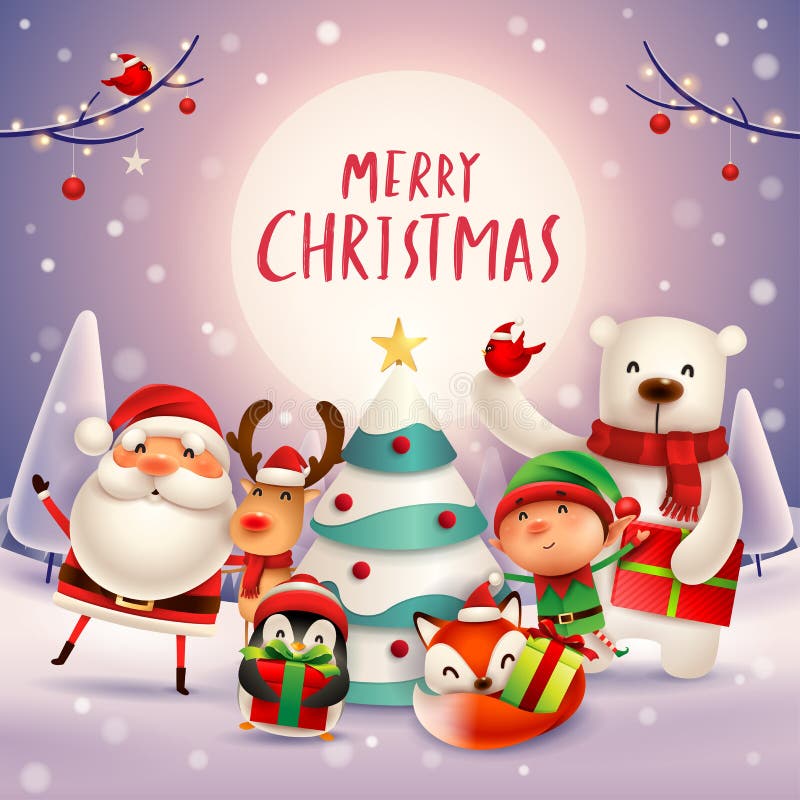 Glad jul! Följen för lycklig jul i månskenet vektor illustrationer