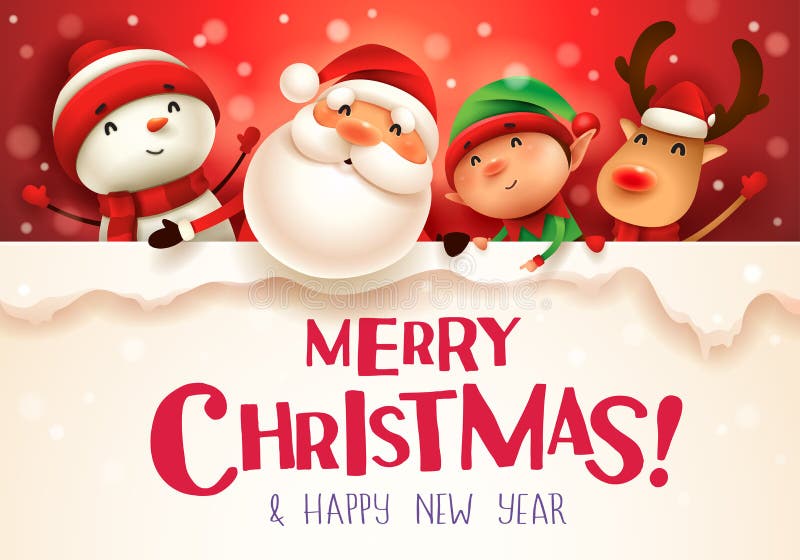 Glad jul! Följen för lycklig jul med den stora skylten i landskap för julsnöplatsvinter stock illustrationer