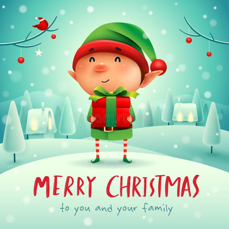 Glad jul! Liten älva med gåvagåva i landskap för julsnöplatsvinter stock illustrationer Glad jul! Liten älva med gåvagåva i landskap för julsnöplatsvinter stock illustrationer
