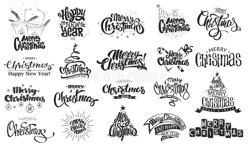 Glad jul lyckligt nytt år Handskriven modern borstebokstäver, typografiuppsättning royaltyfri illustrationer