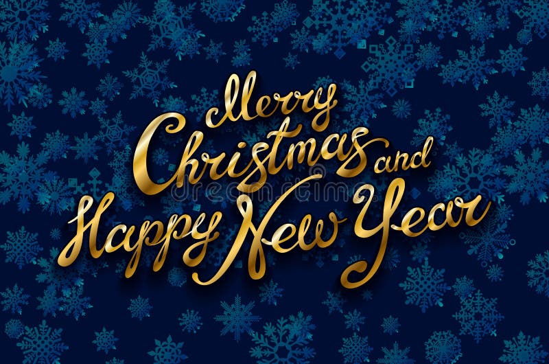 Glad jul och guld- skinande för lyckligt nytt år blänker Kalligrafi som är typografisk på guld- Xmas-bakgrund med vinterlandskap