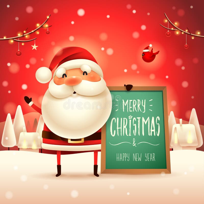 Glad jul! Santa Claus med anslagstavlan i julsnöplatslandskap