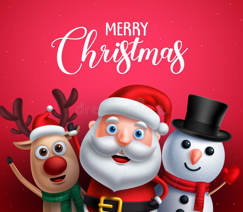 Glad jul som hälsar text med Santa Claus, ren- och snögubbevektortecken stock illustrationer