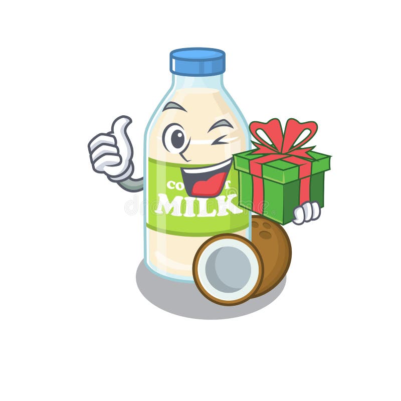 Glad kokokosmjölkskaraktär med presentlåda stock illustrationer