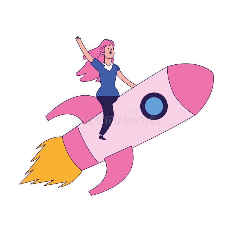 Glad kvinna på en rosa raketikon stock illustrationer