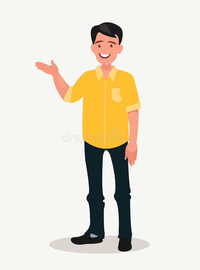 Glad man påpekar något. presentation eller visning. element för reklamvaror. vektor illustrationer