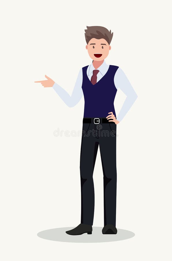 Glad man påpekar något. presentation eller visning. element för reklamvaror vektor illustrationer