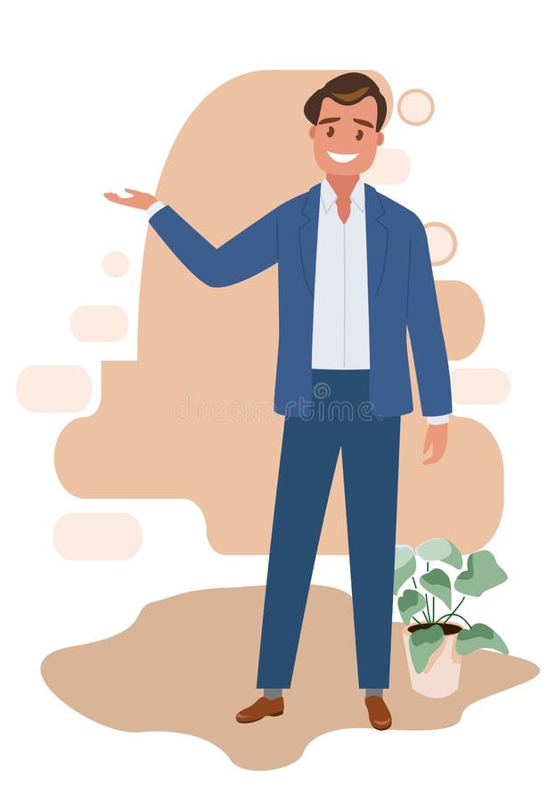 Glad man påpekar något. presentation eller visning. element för reklamvaror stock illustrationer