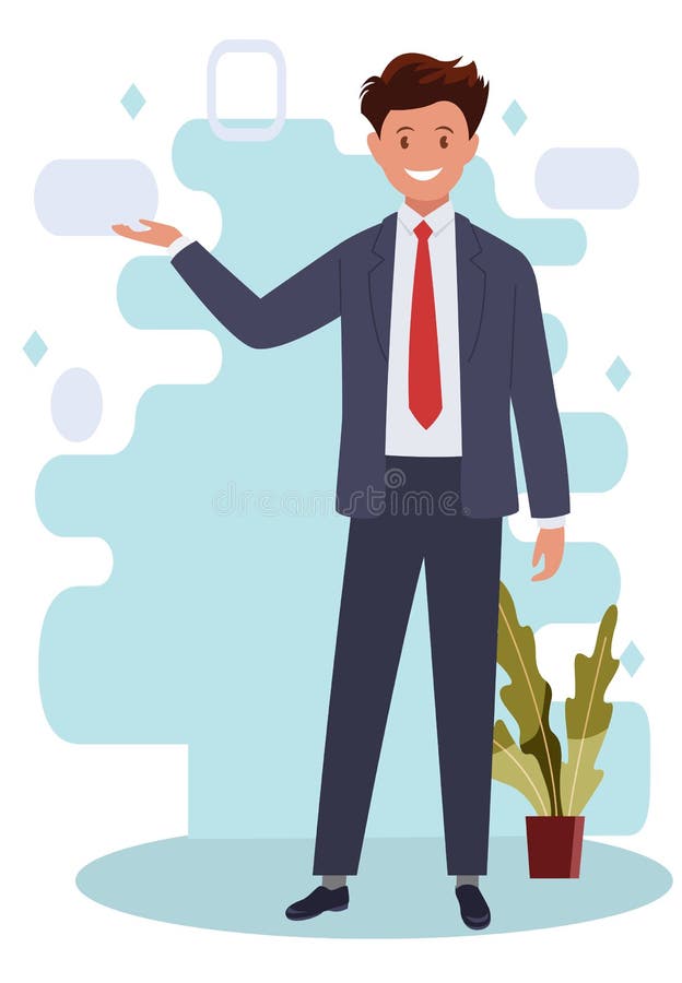 Glad man påpekar något. presentation eller visning. element för reklamvaror royaltyfri illustrationer